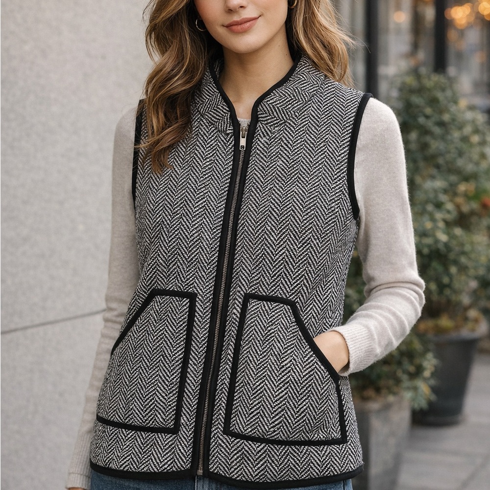 Elegant Black and Gray Herringbone Vest